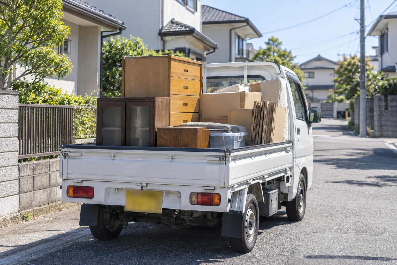 軽トラックの荷台に家具や段ボール箱が積まれた様子