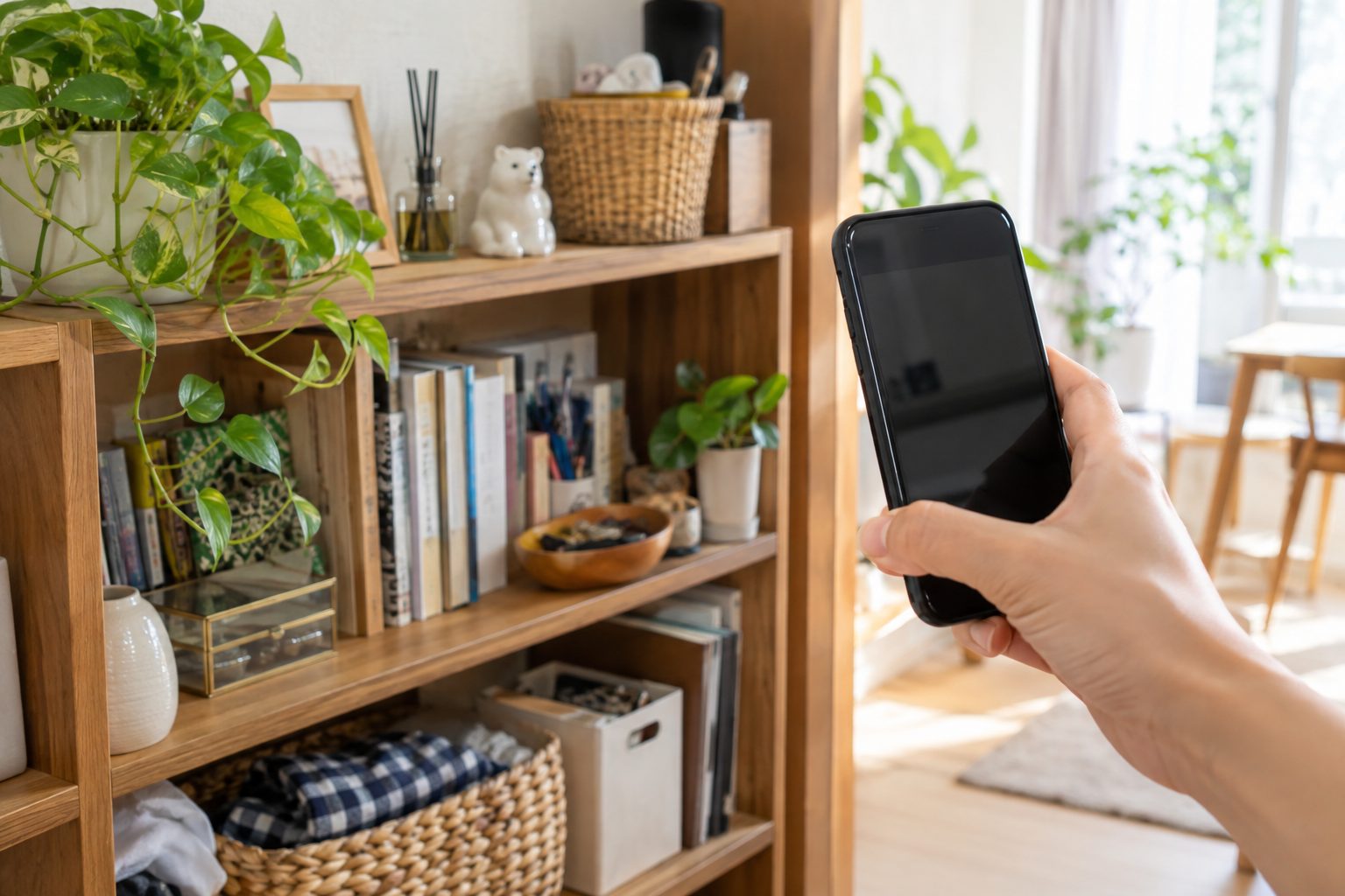 スマートフォンで棚の様子を撮影している手元