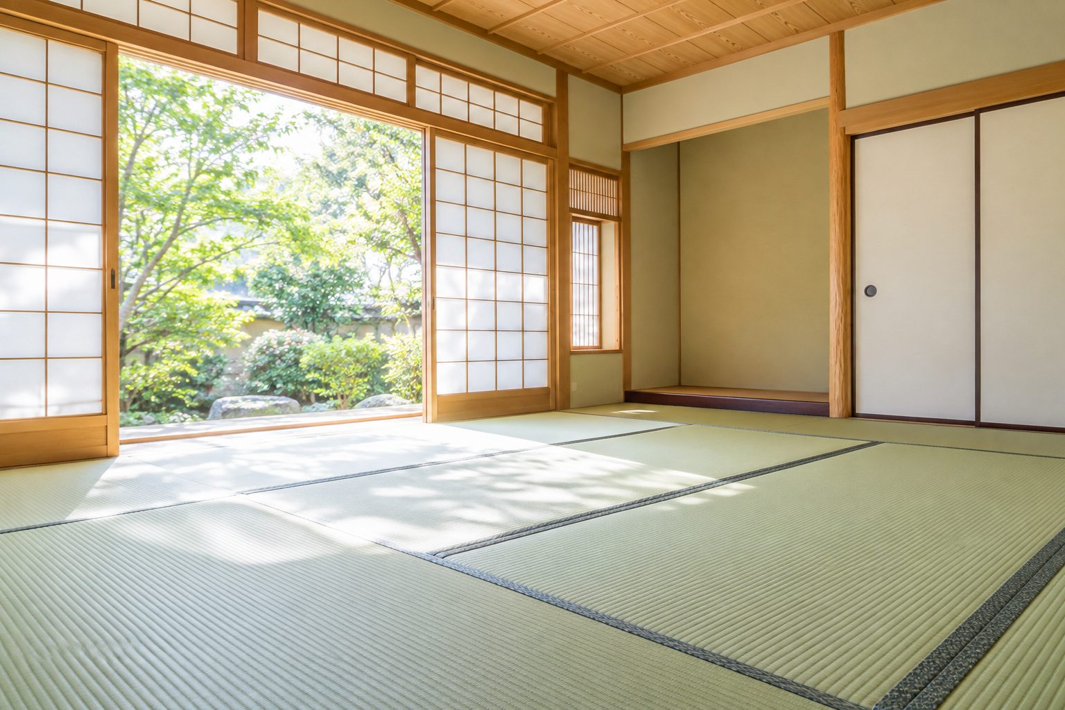 片付けと掃除が終わり、窓から光が入る明るい和室