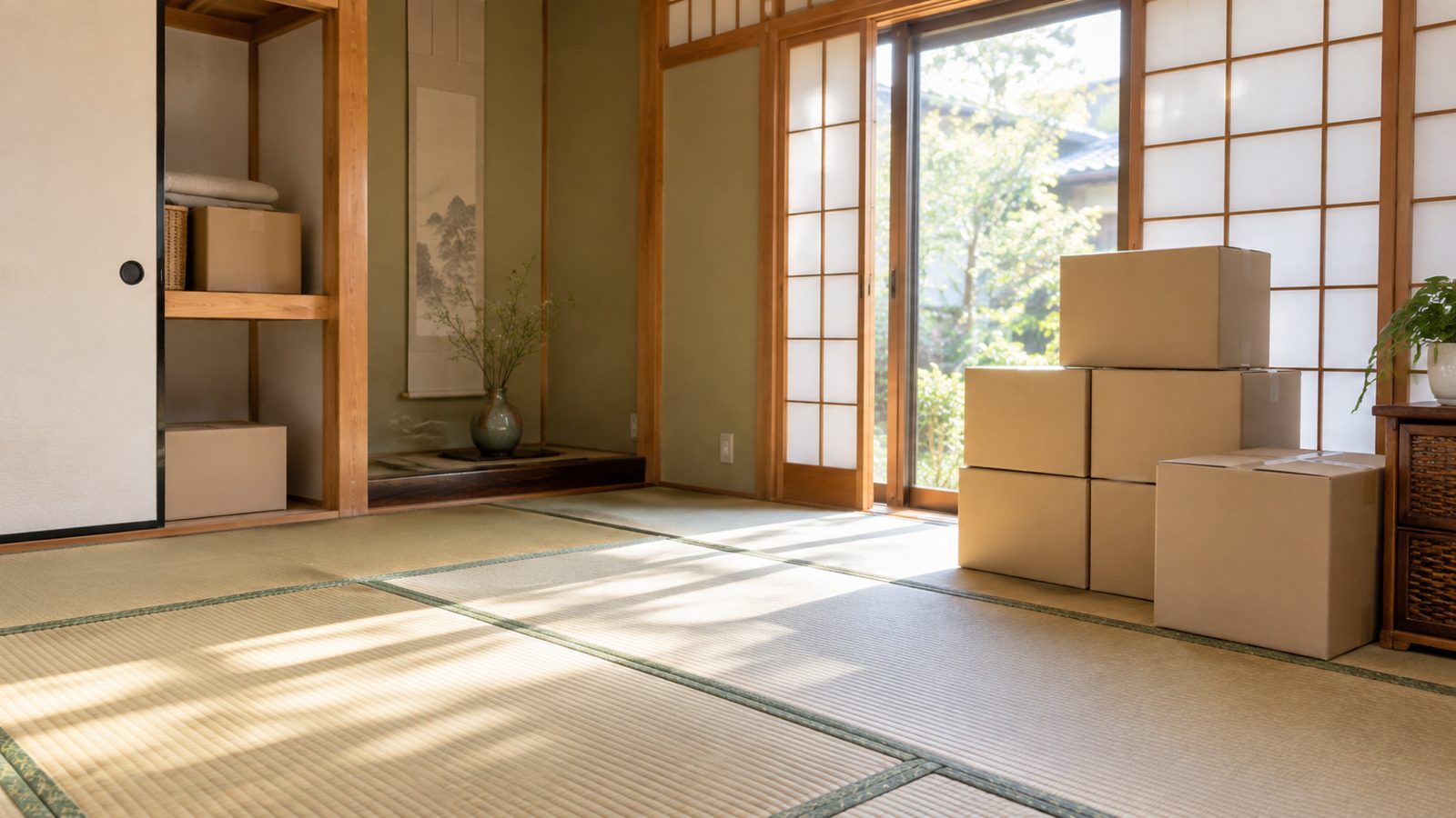 不用品を整理し、段ボール箱がきれいに積まれた部屋