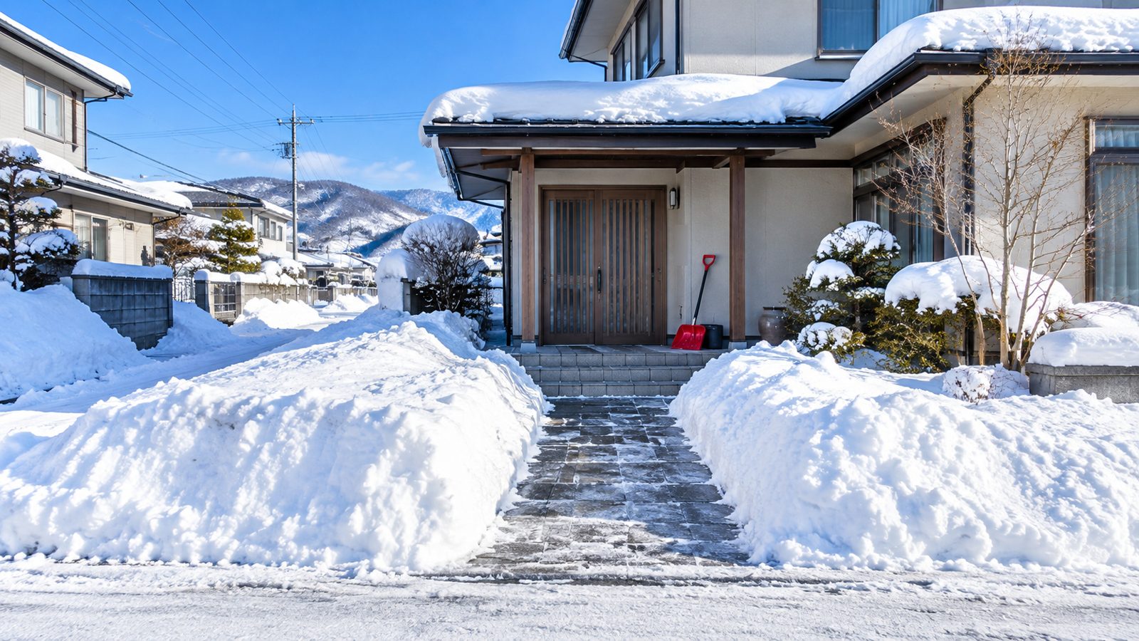 除雪が終わり、玄関から道路まで道が開いた冬の住宅前